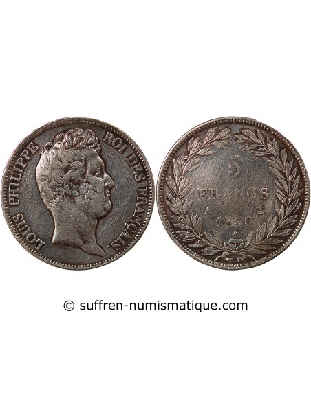 LOUIS-PHILIPPE﻿ - 5 FRANCS ARGENT, TRANCHE EN CREUX, SANS I - 1830, A PARIS