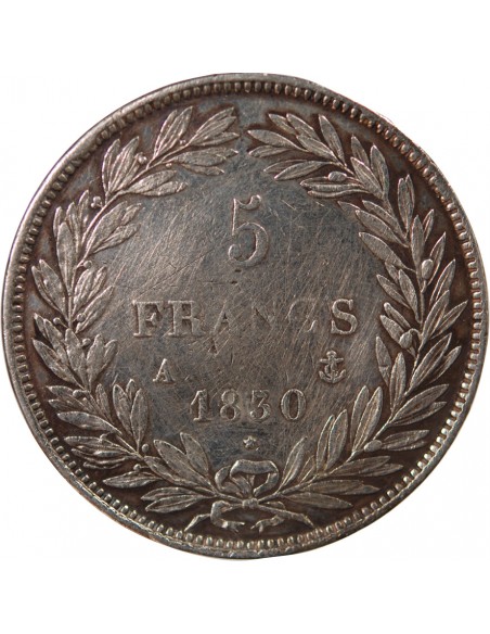 LOUIS-PHILIPPE﻿ - 5 FRANCS ARGENT, TRANCHE EN CREUX, SANS I - 1830, A PARIS