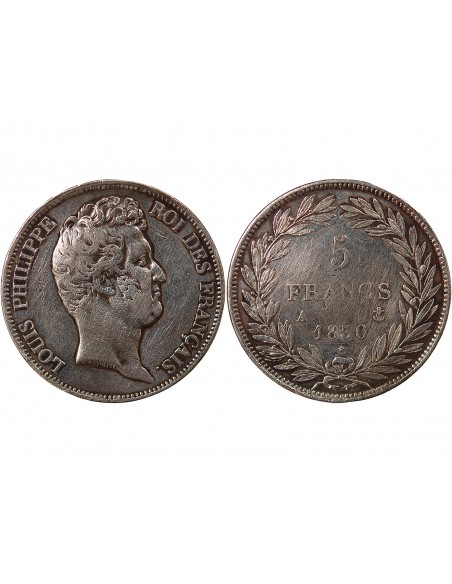 LOUIS-PHILIPPE﻿ - 5 FRANCS ARGENT, TRANCHE EN CREUX, SANS I - 1830, A PARIS