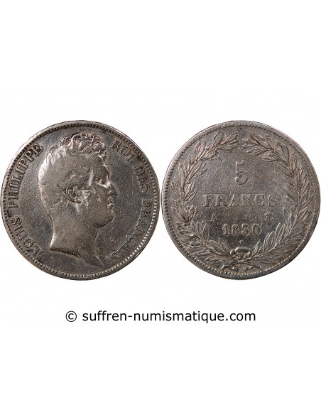 LOUIS-PHILIPPE﻿ - 5 FRANCS ARGENT, TRANCHE EN RELIEF, SANS I - 1830, A PARIS