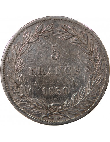 LOUIS-PHILIPPE﻿ - 5 FRANCS ARGENT, TRANCHE EN RELIEF, SANS I - 1830, A PARIS