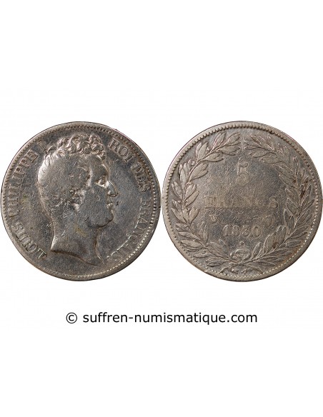LOUIS PHILIPPE﻿ - 5 FRANCS 1830 W LILLE "Tiolier sans le I, Tr creux"