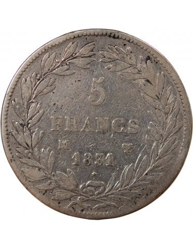 LOUIS PHILIPPE﻿ - 5 FRANCS, TIOLIER, TR. EN CREUX, AVEC LE I - 1831, MA MARSEILLE (petit palmier)
