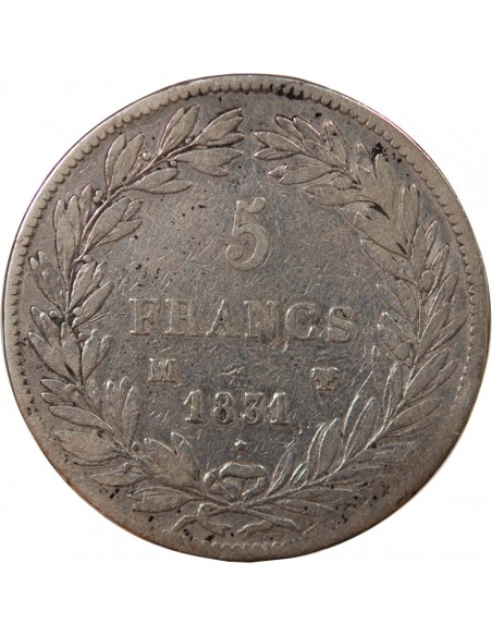 LOUIS PHILIPPE﻿ - 5 FRANCS, TIOLIER, TR. EN CREUX, AVEC LE I - 1831, MA MARSEILLE (petit palmier)