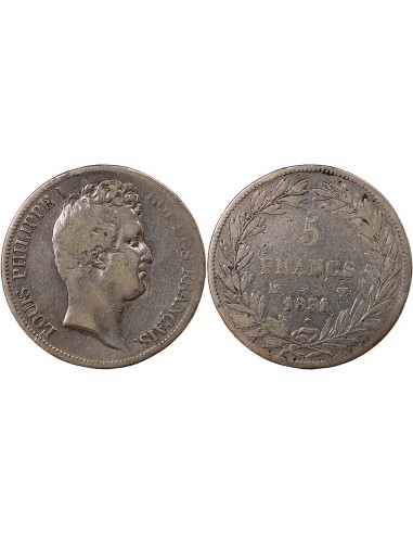 LOUIS PHILIPPE﻿ - 5 FRANCS, TIOLIER, TR. EN CREUX, AVEC LE I - 1831, MA MARSEILLE (petit palmier)