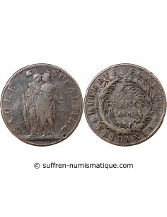 ITALIE, REPUBLIQUE SUBALPINE - 5 FRANCS ARGENT - AN 10, TURIN﻿