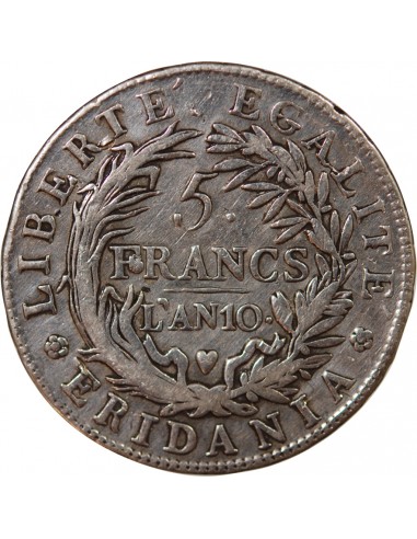 ITALIE, REPUBLIQUE SUBALPINE - 5 FRANCS ARGENT - AN 10, TURIN﻿