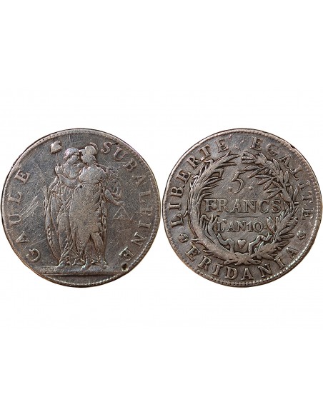 ITALIE, REPUBLIQUE SUBALPINE - 5 FRANCS ARGENT - AN 10, TURIN﻿