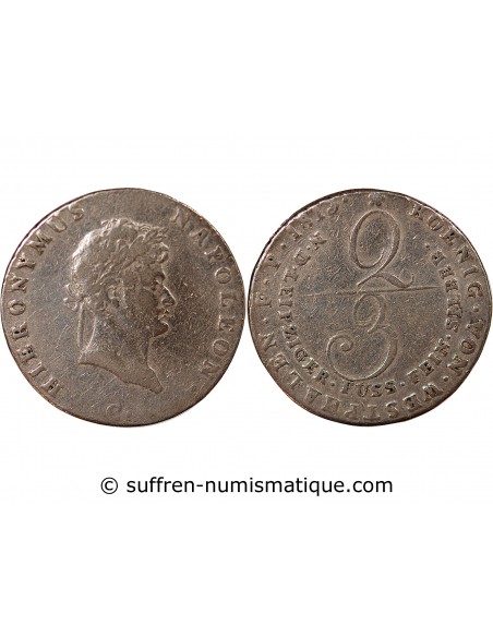 ALLEMAGNE, ROYAUME DE WESTPHALIE, JÉRÔME BONAPARTE - 2/3 THALER ARGENT - 1813, C CLAUSTHAL