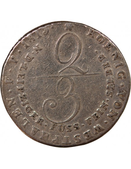 ALLEMAGNE, ROYAUME DE WESTPHALIE, JÉRÔME BONAPARTE - 2/3 THALER ARGENT - 1813, C CLAUSTHAL