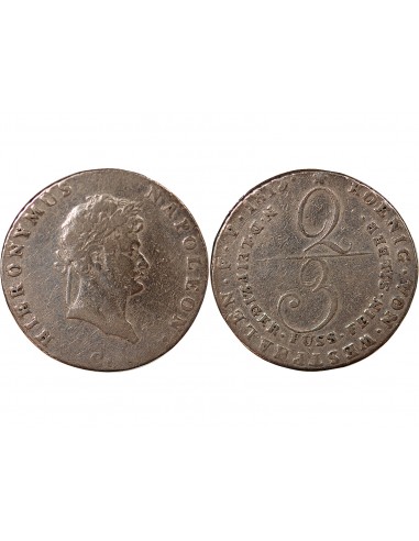 ALLEMAGNE, ROYAUME DE WESTPHALIE, JÉRÔME BONAPARTE - 2/3 THALER ARGENT - 1813, C CLAUSTHAL