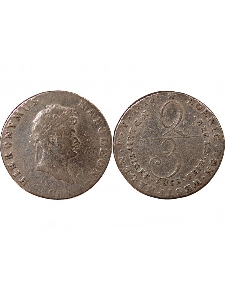 ALLEMAGNE, ROYAUME DE WESTPHALIE, JÉRÔME BONAPARTE - 2/3 THALER ARGENT - 1813, C CLAUSTHAL