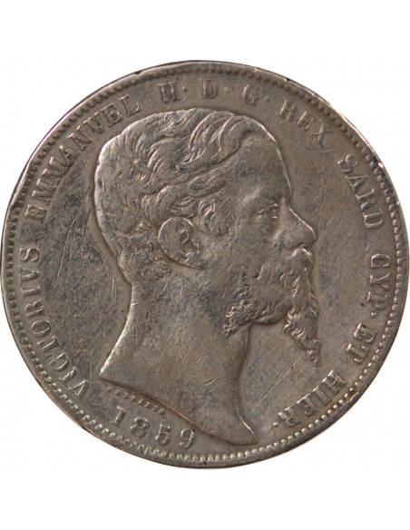 ITALIE, ROYAUME DE SARDAIGNE, VICTOR EMMANUEL II - 5 LIRE ARGENT - 1859 P GÊNES