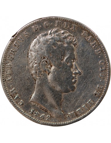 ITALIE, ROYAUME DE SARDAIGNE, CHARLES-ALBERT - 5 LIRE ARGENT - 1842 P GÊNES