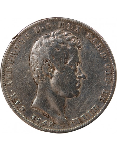 ITALIE, ROYAUME DE SARDAIGNE, CHARLES-ALBERT - 5 LIRE ARGENT - 1842 P GÊNES