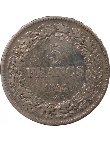 BELGIQUE, LEOPOLD Ier - 5 FRANCS ARGENT - 1848 BRUXELLES