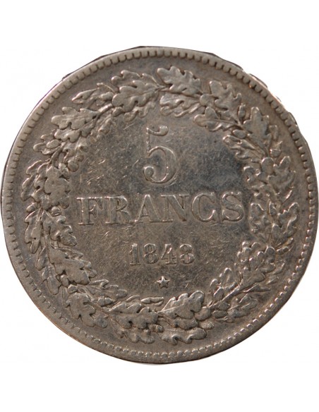 BELGIQUE, LEOPOLD Ier - 5 FRANCS ARGENT - 1848 BRUXELLES