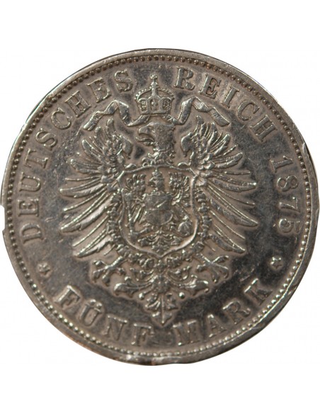 ALLEMAGNE, BAVIERE, LOUIS II - 5 MARK ARGENT - 1875 D MUNICH
