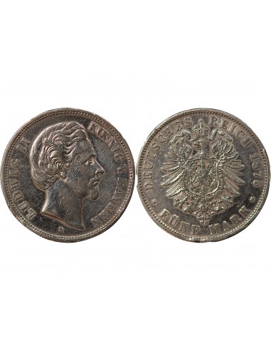 ALLEMAGNE, BAVIERE, LOUIS II - 5 MARK ARGENT - 1875 D MUNICH