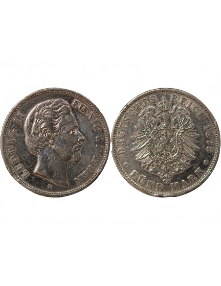 ALLEMAGNE, BAVIERE, LOUIS II - 5 MARK ARGENT - 1875 D MUNICH