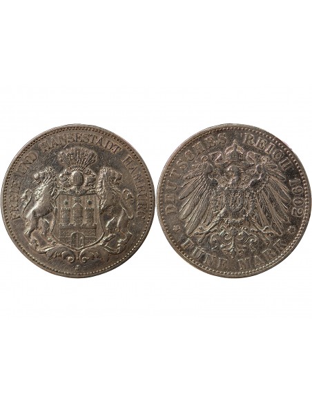 ALLEMAGNE, VILLE DE HAMBOURG - 5 MARK ARGENT - 1902 J