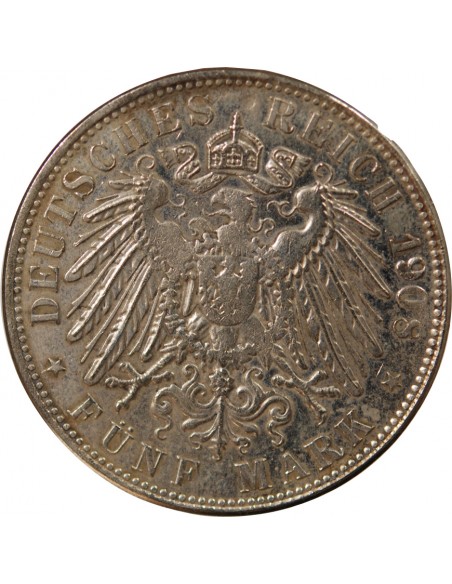 ALLEMAGNE, BAVIERE, OTHON I - 5 MARK ARGENT - 1908 D MUNICH