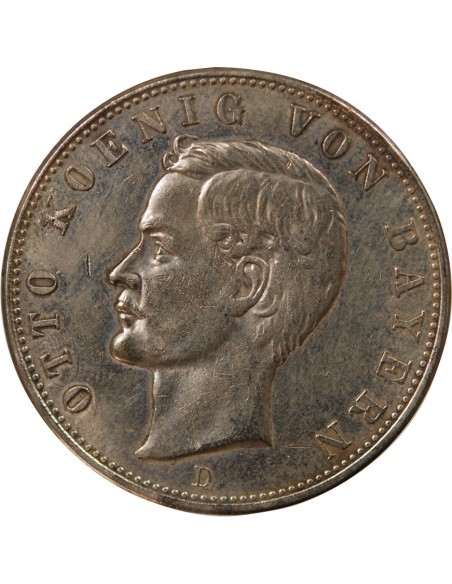 ALLEMAGNE, BAVIERE, OTHON I - 5 MARK ARGENT - 1908 D MUNICH