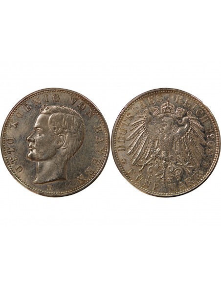 ALLEMAGNE, BAVIERE, OTHON I - 5 MARK ARGENT - 1908 D MUNICH