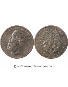 ALLEMAGNE, BADE, FREDERIC I - 5 MARK ARGENT, 1er TYPE - 1876 G KARLSRUHE
