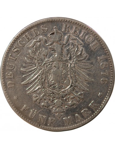 ALLEMAGNE, BADE, FREDERIC I - 5 MARK ARGENT, 1er TYPE - 1876 G KARLSRUHE