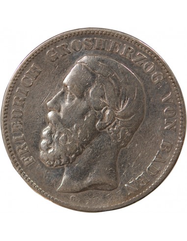 ALLEMAGNE, BADE, FREDERIC I - 5 MARK ARGENT, 1er TYPE - 1876 G KARLSRUHE