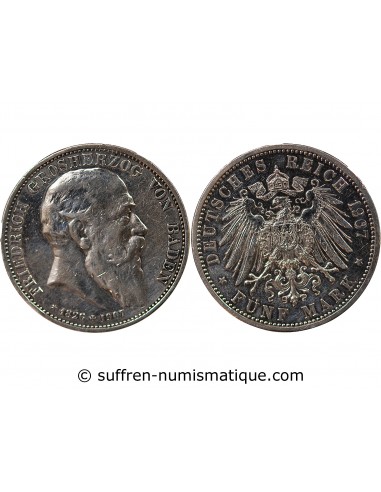 ALLEMAGNE, BADE, FREDERIC I - 5 MARK ARGENT, MORT DU DUC - 1907 KARLSRUHE