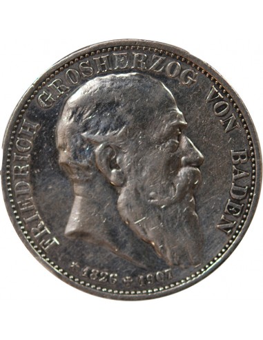 ALLEMAGNE, BADE, FREDERIC I - 5 MARK ARGENT, MORT DU DUC - 1907 KARLSRUHE