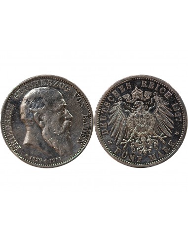 ALLEMAGNE, BADE, FREDERIC I - 5 MARK ARGENT, MORT DU DUC - 1907 KARLSRUHE