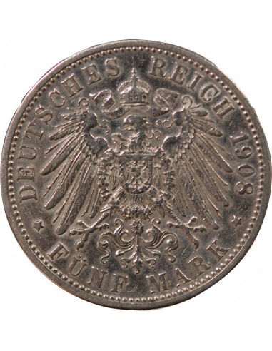 ALLEMAGNE, BADE, FREDERIC II - 5 MARK ARGENT - 1908 G KARLSRUHE