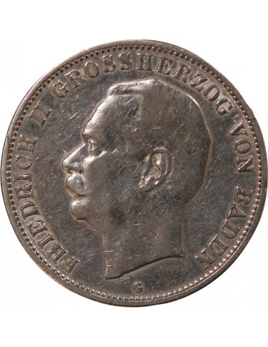 ALLEMAGNE, BADE, FREDERIC II - 5 MARK ARGENT - 1908 G KARLSRUHE