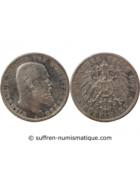 ALLEMAGNE, WURTEMBERG, GUILLAUME II - 5 MARK ARGENT - 1907 F STUTTGART