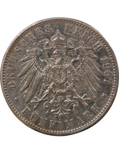 ALLEMAGNE, WURTEMBERG, GUILLAUME II - 5 MARK ARGENT - 1907 F STUTTGART
