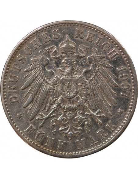 ALLEMAGNE, WURTEMBERG, GUILLAUME II - 5 MARK ARGENT - 1907 F STUTTGART