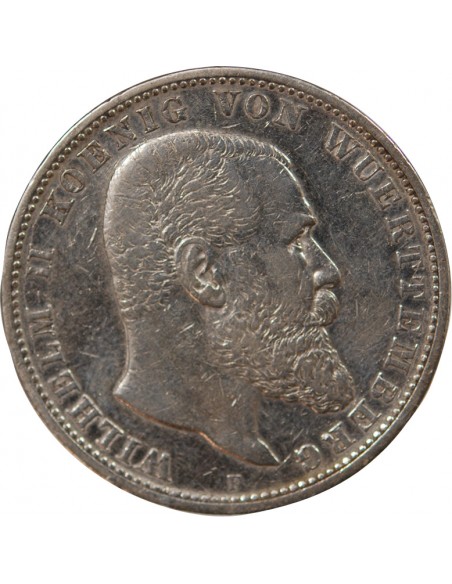 ALLEMAGNE, WURTEMBERG, GUILLAUME II - 5 MARK ARGENT - 1907 F STUTTGART