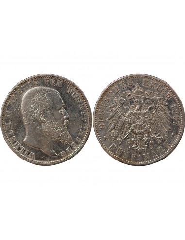ALLEMAGNE, WURTEMBERG, GUILLAUME II - 5 MARK ARGENT - 1907 F STUTTGART