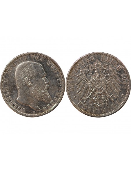 ALLEMAGNE, WURTEMBERG, GUILLAUME II - 5 MARK ARGENT - 1907 F STUTTGART