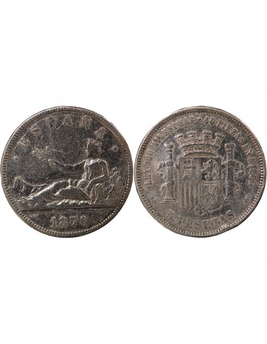 ESPAGNE, GOUVERNEMENT PROVISOIRE - 5 PESETAS ARGENT - 1870 M MADRID
