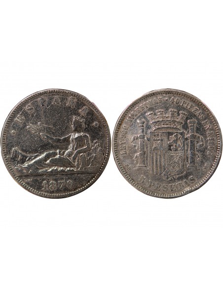 ESPAGNE, GOUVERNEMENT PROVISOIRE - 5 PESETAS ARGENT - 1870 M MADRID