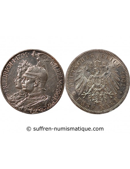 ALLEMAGNE, PRUSSE, GUILLAUME II - 5 MARK ARGENT, BICENTENAIRE - 1901 BERLIN