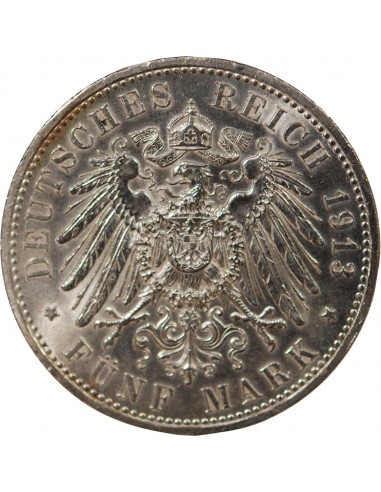 ALLEMAGNE, PRUSSE, GUILLAUME II - 5 MARK ARGENT, 3e TYPE - 1913 BERLIN