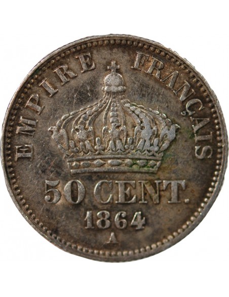 NAPOLEON III, TÊTE LAURÉE - 50 CENTIMES ARGENT - 1864 A PARIS