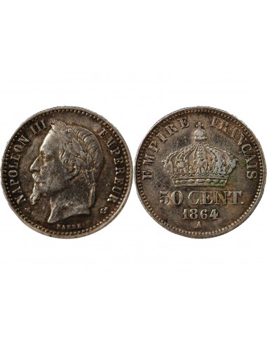 NAPOLEON III, TÊTE LAURÉE - 50 CENTIMES ARGENT - 1864 A PARIS