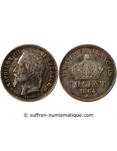 NAPOLEON III, TÊTE LAURÉE - 50 CENTIMES ARGENT - 1864 A PARIS