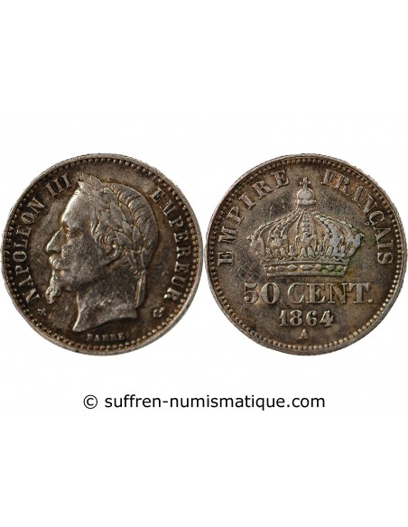 NAPOLEON III, TÊTE LAURÉE - 50 CENTIMES ARGENT - 1864 A PARIS